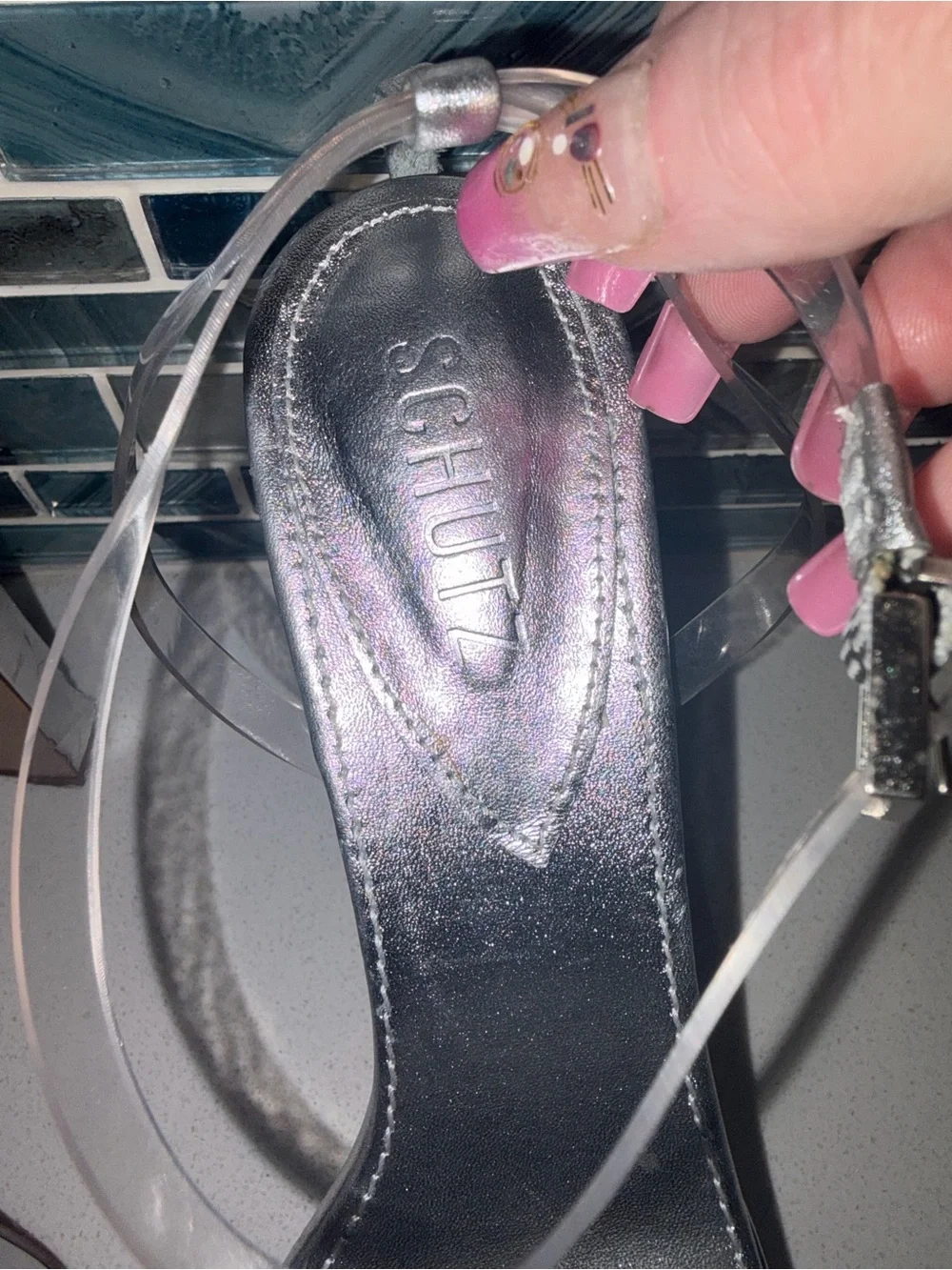 Schutz Elyda Metallic Silver & Clear PVC Platform Heels Sandal 9B / 39